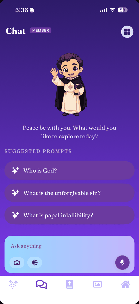 Pantalla de chat de IA Católica